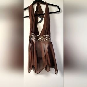 Sexy Brown sheer backless halter top w/ beaded detail size large